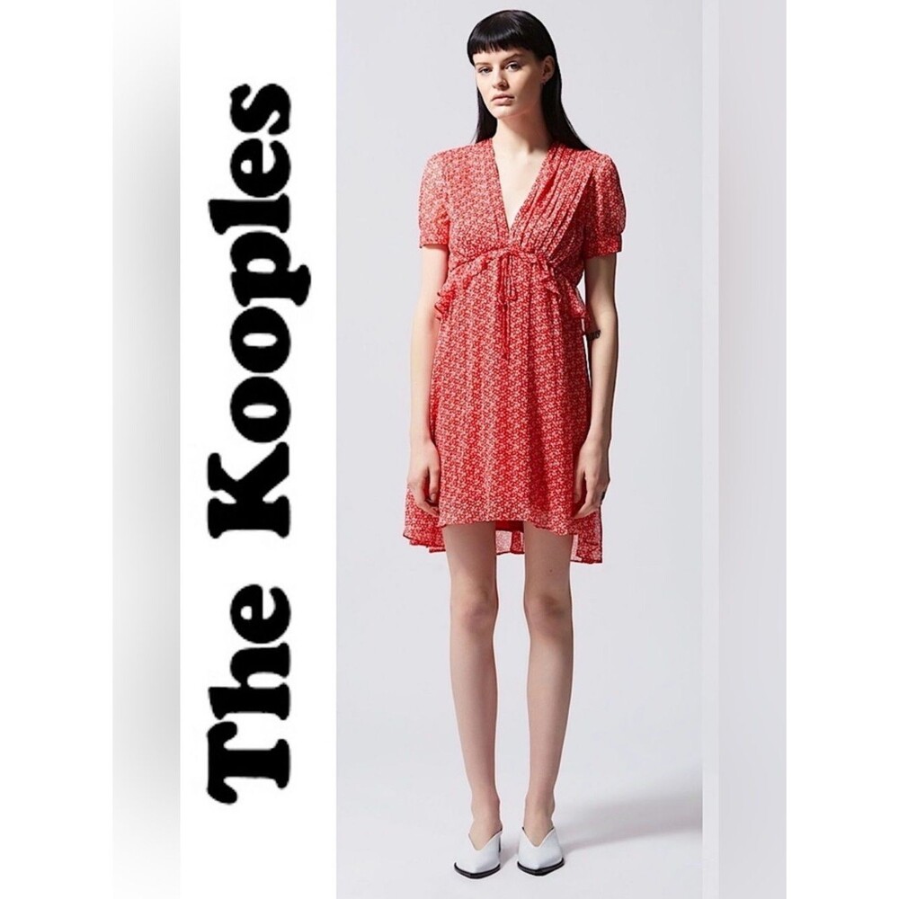 THE KOOPLES SHORT LIGHT DRESS Red Floral Print Empire Waist High Low Hem 2 M